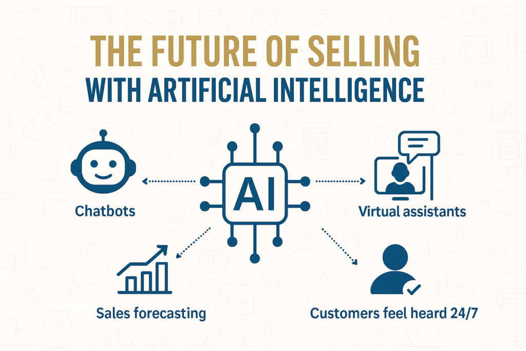 The future of selling with artificial intelligence: chatbots, virtual assistants, sales forecasting, 24/7 customer engagement.