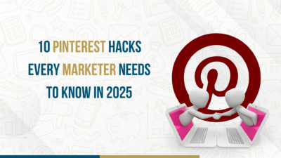 Two 3D characters shaking hands through laptops with Pinterest logo and marketing icons in background.