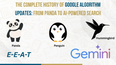 Illustration of Panda, Penguin, and Hummingbird with text “The Complete History of Google Algorithm Updates: From Panda to AI-Powered Search,” plus E-E-A-T and Gemini logos.