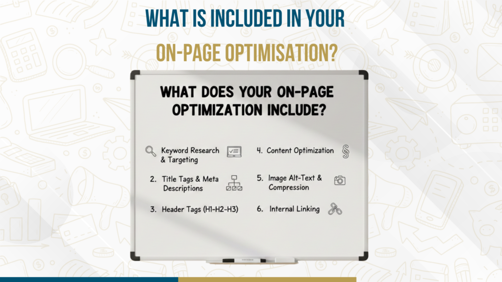 On-page optimization checklist graphic showing keyword research, meta tags, header tags, content optimization, image optimization, and internal linking.