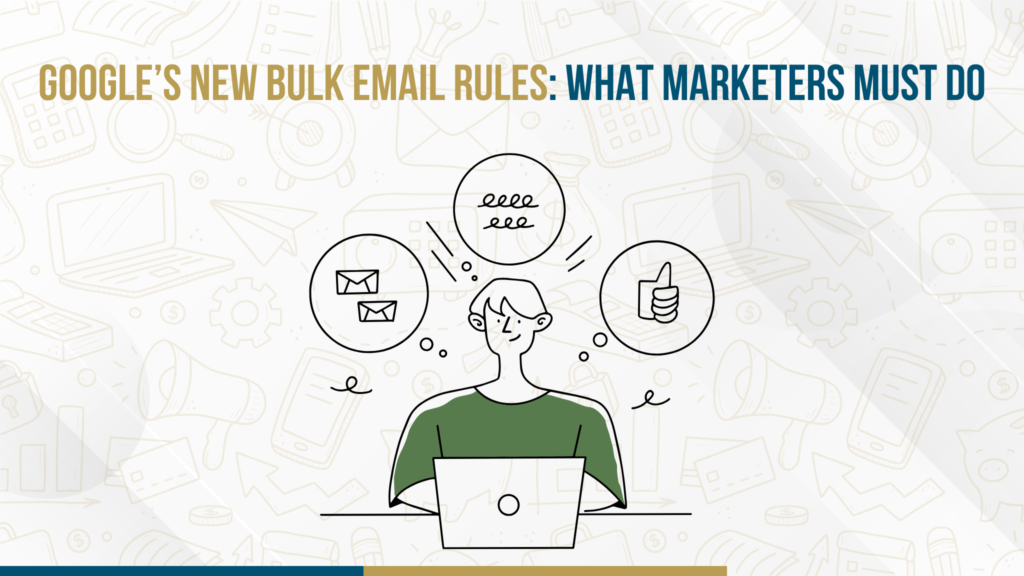 Illustration of marketer managing email marketing with laptop under Google’s new bulk email rules.