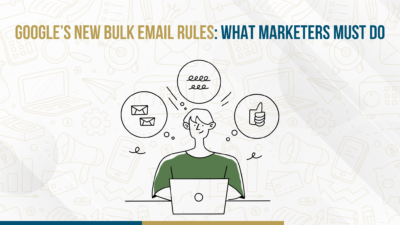 Illustration of marketer managing email marketing with laptop under Google’s new bulk email rules.